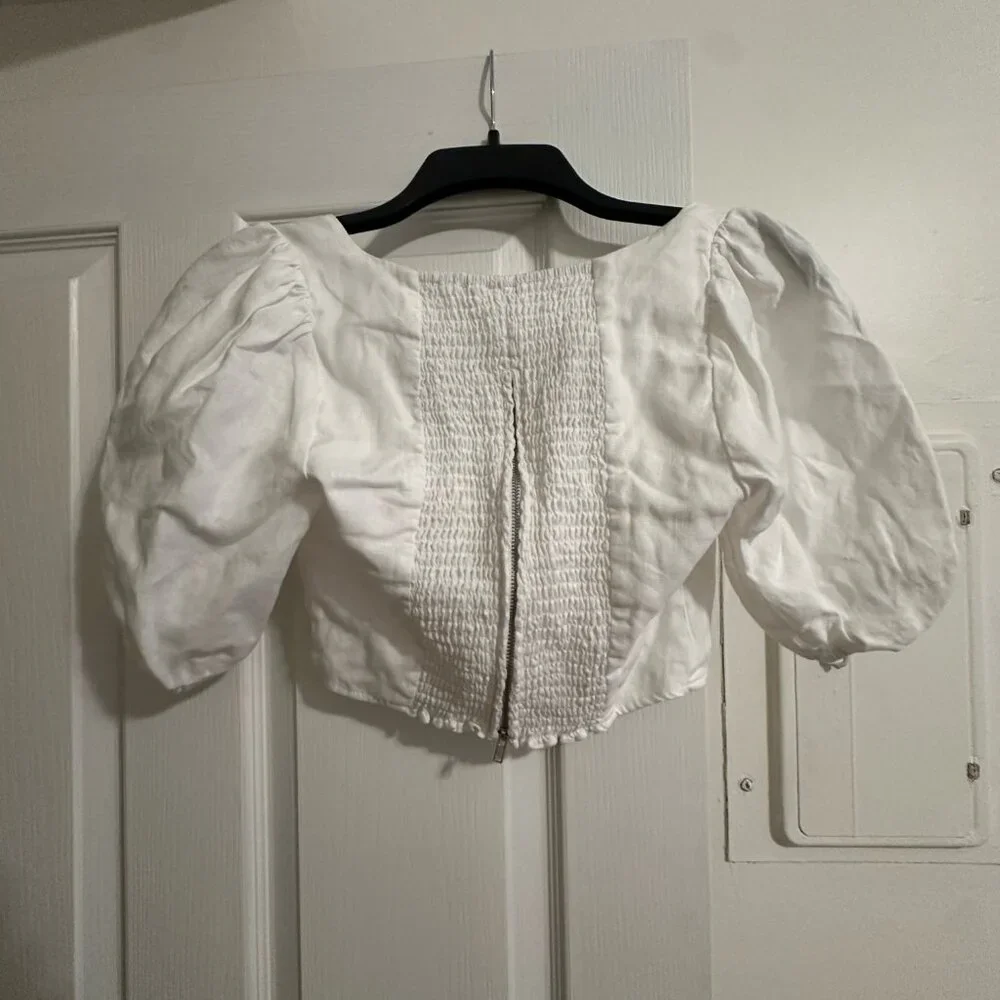 Reformation White Puff-Sleeve Cropped Blouse